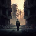 lonely man walking along street among ruined buildings of postapocalyptic city