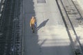 Lonely man walking along train tracks, Denver, Colorado Royalty Free Stock Photo
