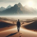 A lonely man walking in the desert. Royalty Free Stock Photo