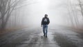 Lonely man walking in fog away road. Rural landscape with road in morning mist. Warm autumn colors. Dark mysterious background Royalty Free Stock Photo