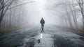 Lonely man walking in fog away road. Rural landscape with road in morning mist. Warm autumn colors. Dark mysterious background Royalty Free Stock Photo