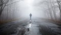 Lonely man walking in fog away road. Rural landscape with road in morning mist. Warm autumn colors. Dark mysterious background Royalty Free Stock Photo