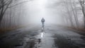 Lonely man walking in fog away road. Rural landscape with road in morning mist. Warm autumn colors. Dark mysterious background Royalty Free Stock Photo