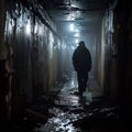 A lonely man walks at night along a dark, damp alley under overhead lighting. Royalty Free Stock Photo