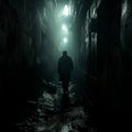 A lonely man walks at night along a dark, damp alley under overhead lighting. Loneliness. Royalty Free Stock Photo