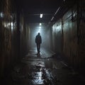 A lonely man walks at night along a dark, damp alley under overhead lighting. Loneliness. Royalty Free Stock Photo