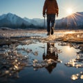 A lonely man walks in a picturesque place.