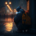a lonely miserable man sits among a crowded street lit by night lights, AI generated Royalty Free Stock Photo