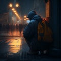 a lonely miserable man sits among a crowded street lit by night lights, AI generated