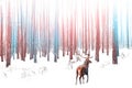 Lonely noble deer male in snowy winter forest. Christmas winter image in pink and blue color