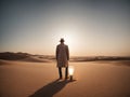 A lonely nomad in the desert landscape with dunes and patterns of sand, fictional landscape