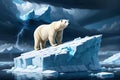 Lonely Odyssey: Polar Bear Stranded on a Shrinking Ice Floe Amidst a Deep Blue Vast Arctic Ocean - Distant Storm Clouds Brewing Royalty Free Stock Photo