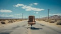 Lonely office chair abandoned in middle of the road in desert landscape
