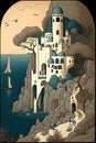 A Lonely old Castle On a White Cliff in Sea, Cycladic Castle, Fabulous Citadel, Abstract Generative AI Illustration