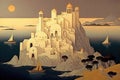 A Lonely old Castle On a White Cliff in Sea, Cycladic Castle, Fabulous Citadel, Abstract Generative AI Illustration