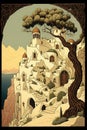 A Lonely old Castle On a White Cliff in Sea, Cycladic Castle, Fabulous Citadel, Abstract Generative AI Illustration