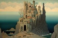 A Lonely old Castle On a White Cliff in Sea, Cycladic Castle, Fabulous Citadel, Abstract Generative AI Illustration