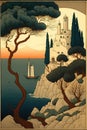 A Lonely old Castle On a White Cliff in Sea, Cycladic Castle, Fabulous Citadel, Abstract Generative AI Illustration