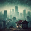 A lonely old house on the outskirts of a big city. A place for a text Royalty Free Stock Photo