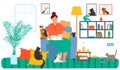 Lonely old lady hugs cats, happiness and domestic pets animals vector illustration. Kitty and kitten at home in living