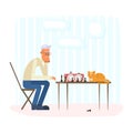 Lonely old man playing chess with a ginger cat