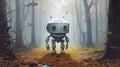 Lonely Painting Robot In Autumn Woods