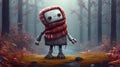 Lonely Painting Robot In Scarf Walking Through Forest
