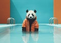 Lonely panda wearing orange raincoat standing in the swimming pool.