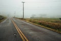 Lonely paved road with fields in a foggy day Royalty Free Stock Photo