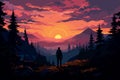 lonely person in forest landscape at sunset adventure design AI generated