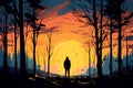 lonely person in forest landscape at sunset adventure design AI generated