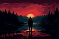 lonely person in forest landscape at sunset adventure design AI generated