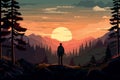 lonely person in forest landscape at sunset adventure design AI generated