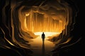 lonely person in golden natural cave AI generated