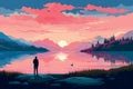 lonely person on lake landscape at sunset adventure design AI generated