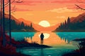 lonely person on lake landscape at sunset adventure design AI generated