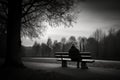 A lonely person sitting on a bench in a park. AI generative image.