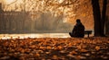 A lonely person sitting on the ground with autumn leaves in the park