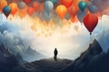 lonely person stand in mystic foggy landscape with balloons AI generated