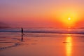 Lonely person walking on beach at sunset