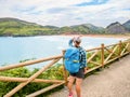 Lonely Pilgrim with backpack walking the Camino de Santiago