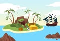 Lonely pirate harbour ocean sea, ship raider moored isle, gold money treasure island, bandit shelter flat vector Royalty Free Stock Photo