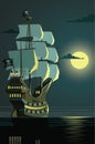 Lonely pirate ship on a night open sea Royalty Free Stock Photo