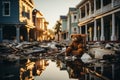 Lonely plush toy sitting against the devastating backdrop of destroyed buildings