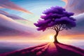 Lonely purple tree on the peak of a mountain at sunrise, beautiful horizon background, vector illustration, generative ai Royalty Free Stock Photo