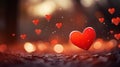 A lonely red heart on a stylish romantic background with a beautiful bokeh. Search for love. Loneliness on Valentine