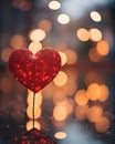 A lonely red heart on a stylish romantic background with a beautiful bokeh. Search for love, relationships, dating