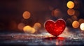 A lonely red heart on a stylish romantic background with a beautiful bokeh. Search for love. Loneliness on Valentine