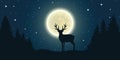 Lonely reindeer in forest at full moon and starry sky
