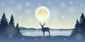 Lonely reindeer in snowy winter forest at full moon by the lake